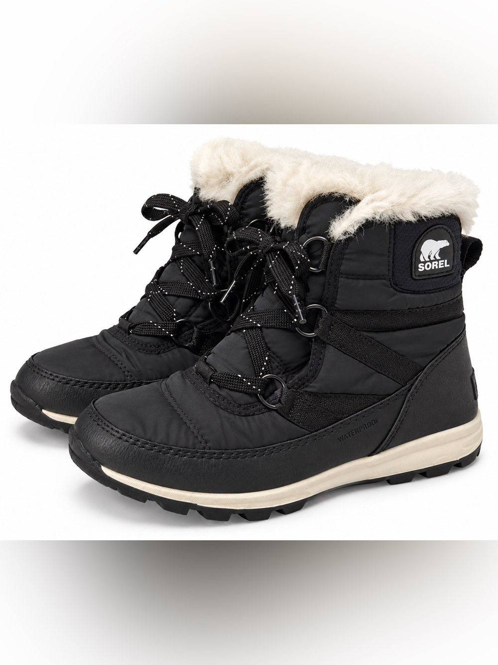 Sorel Whitney Short Lace Boots Youth Size 2 Black Faux Fur Waterproof Winter
